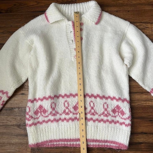 Vintage Handknit Wool Collar Button Pullover Sweater White Pink Medium Coquette - Picture 4 of 6